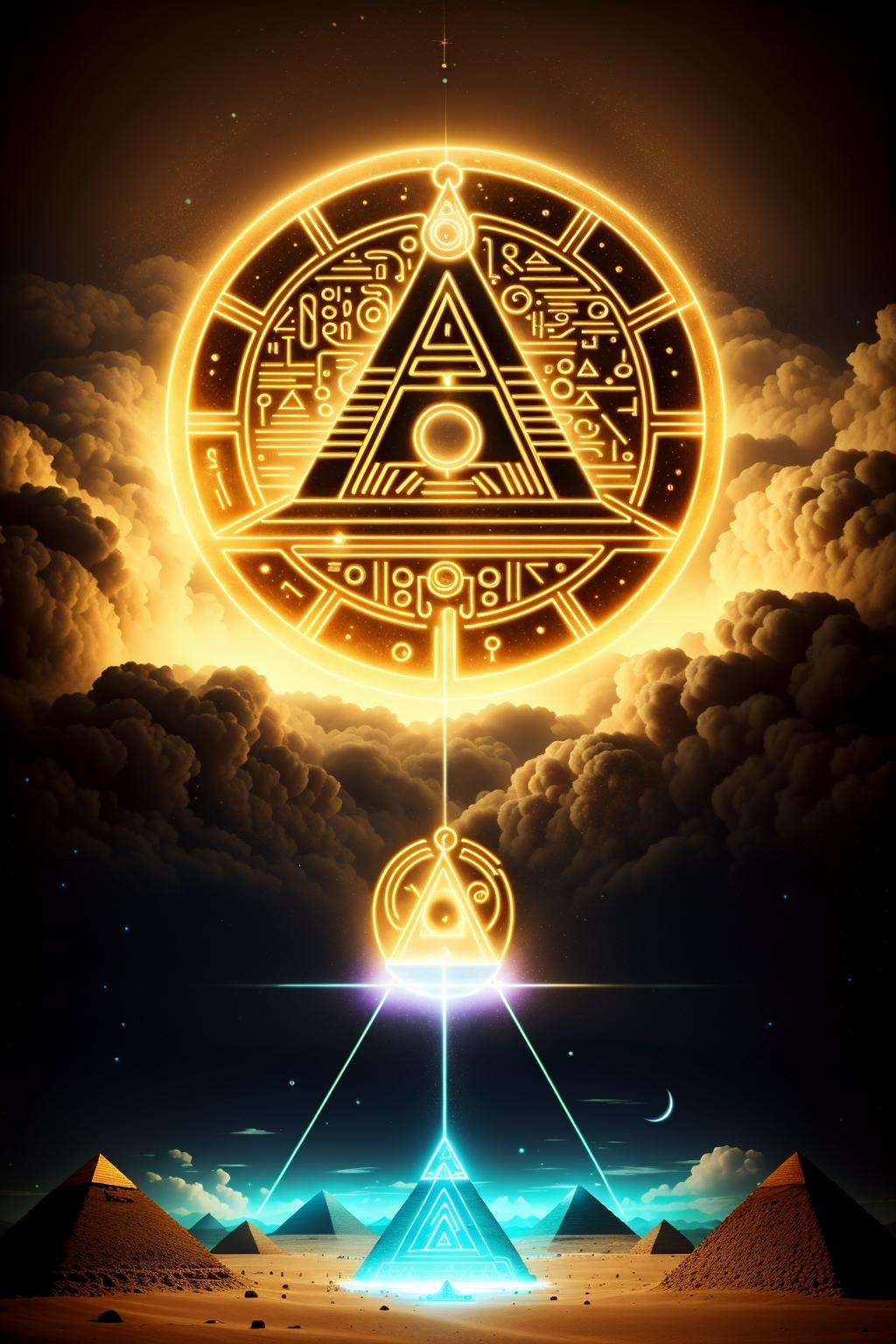 (a masonic symbol with a sun and moon) ,  Cyber_Egypt , cyberpunk ,  Professional photography, pastel  colors , Occult art,  occultism, surreal art, Occult, reflective materials , artistic photography, new age, illuminati, gnosticism, minimalism, Occult, sacred, 3d render