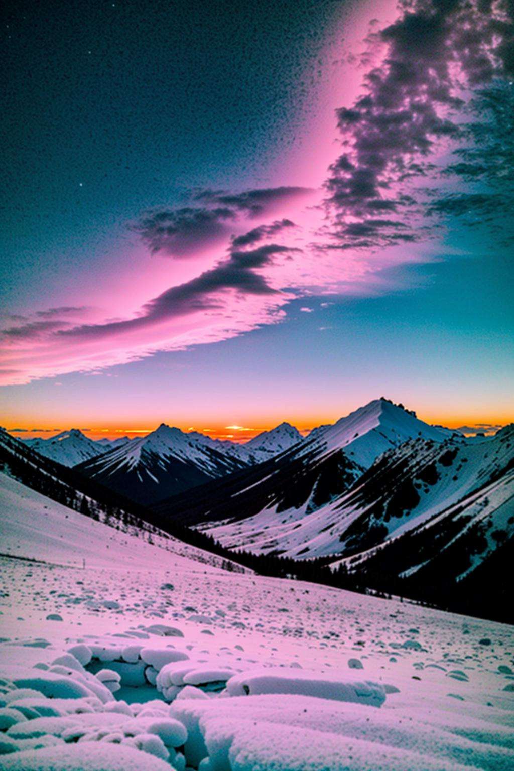 a snow covered mountain range with a pink sky, a black hole in the center of a galaxy