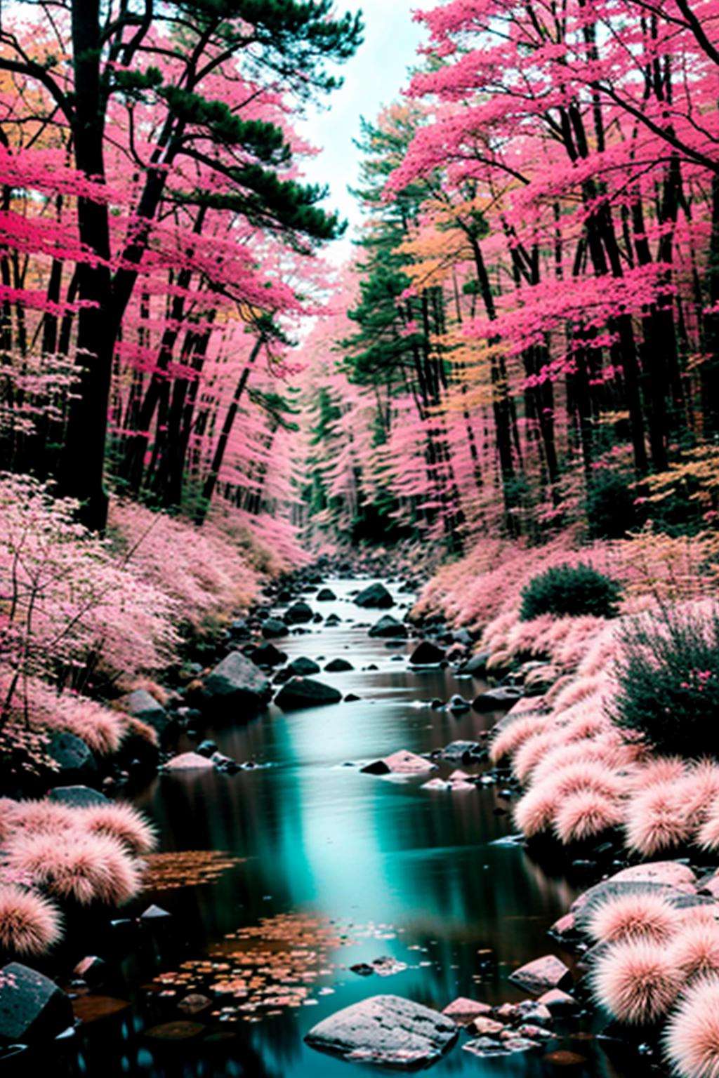 a pink landscape with a stream running through it