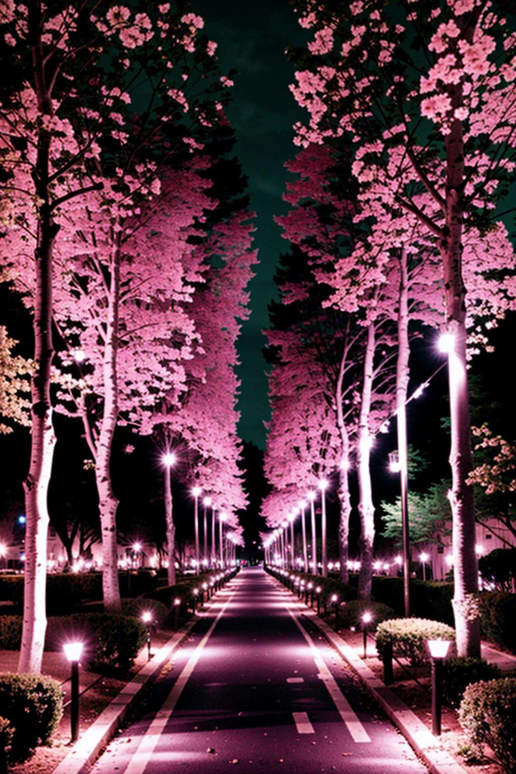 a pathway lined with pink trees and street lights