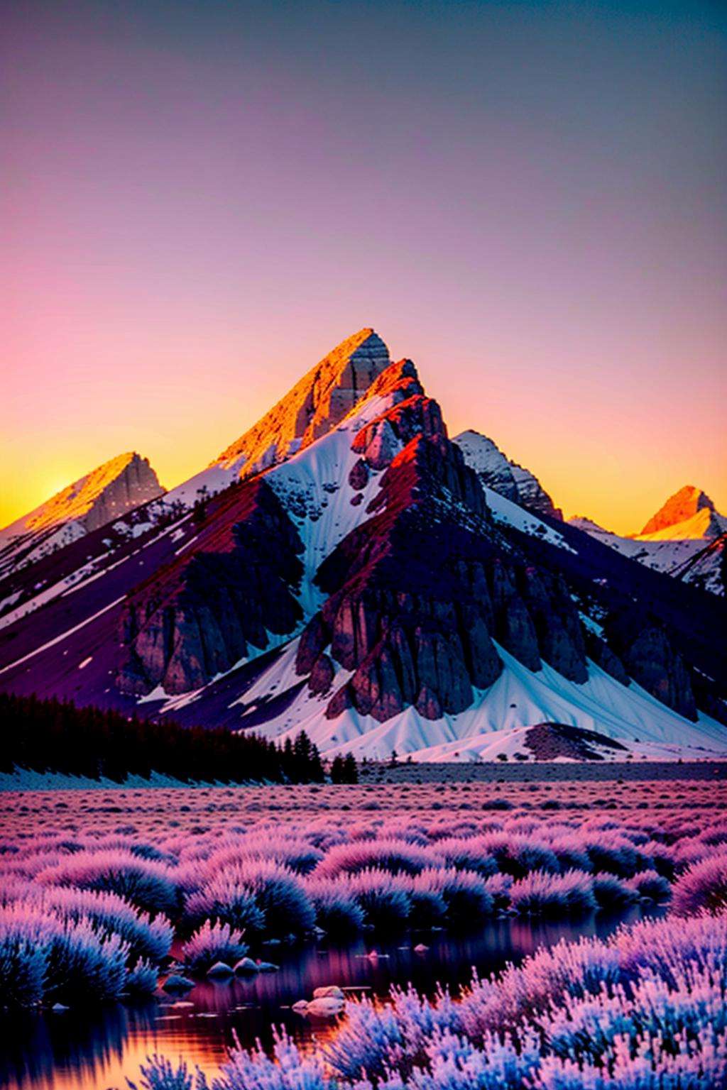 a mountain range with a river in the foreground , outdoors, sky, tree, no humans, traditional media, grass, nature, scenery, snow, mountain, landscape, gradient sky, purple sky