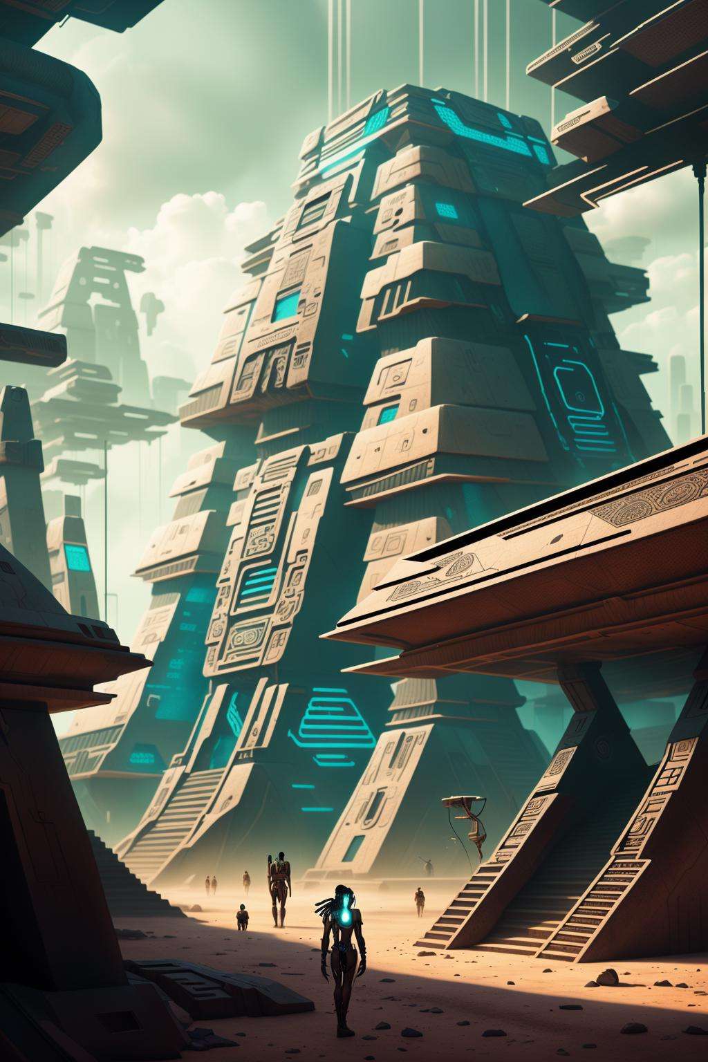 ancient maya a futuristic city in the desert with a futuristic structure, cyberpunk art, afrofuturism , cyber_maya