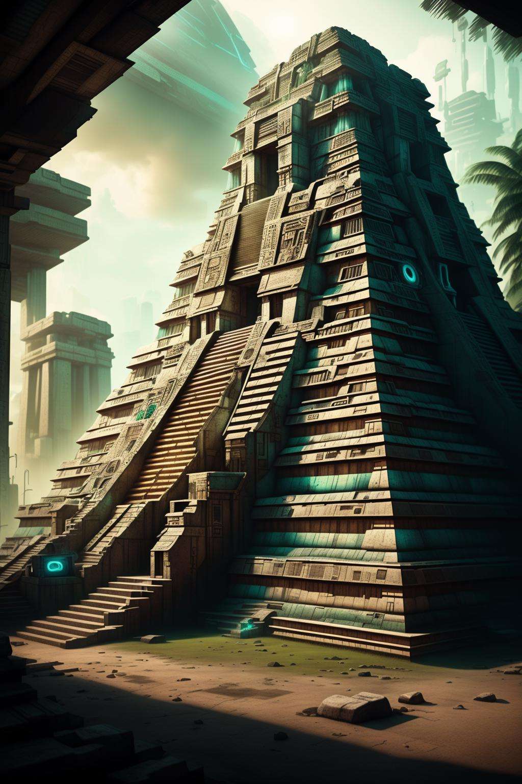 ancient maya -An epic, sweeping scene set against a backdrop of ancient ruins and towering monuments. The scene is shot in high-definition and features hyper-realistic textures and lighting, as well as stunning special effects., cyberpunk art, afrofuturism , cyber_maya