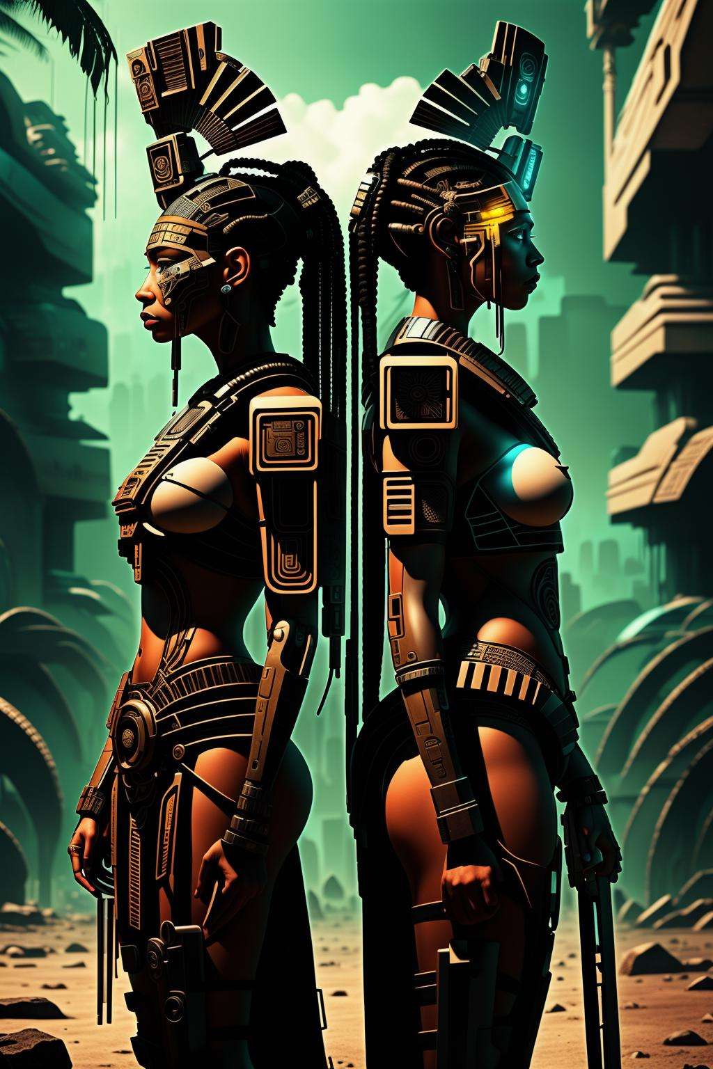 ancient maya -A dramatic, emotionally charged scene featuring two characters engaged in a heated argument. The lighting is harsh and intense, with sharp shadows and vivid colors that heighten the tension and drama., cyberpunk art, afrofuturism , cyber_maya