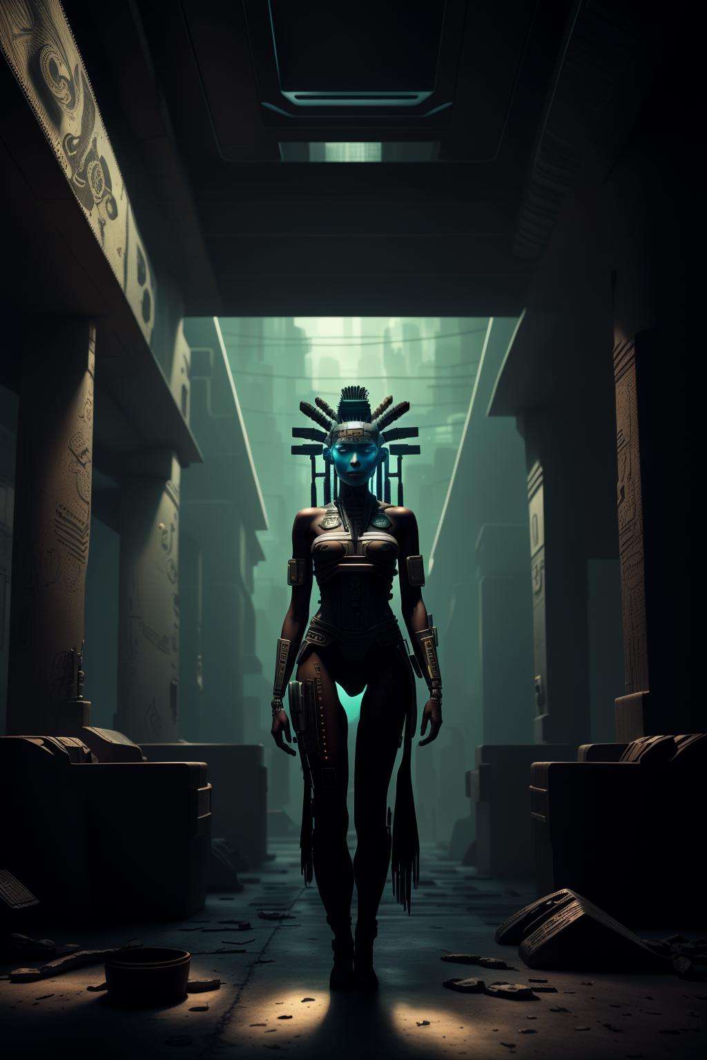 ancient maya -A tense, suspenseful scene set in a dark, abandoned building. The lighting is low-key and atmospheric, with shadows and textures that lend a sense of foreboding to the scene., cyberpunk art, afrofuturism , cyber_maya