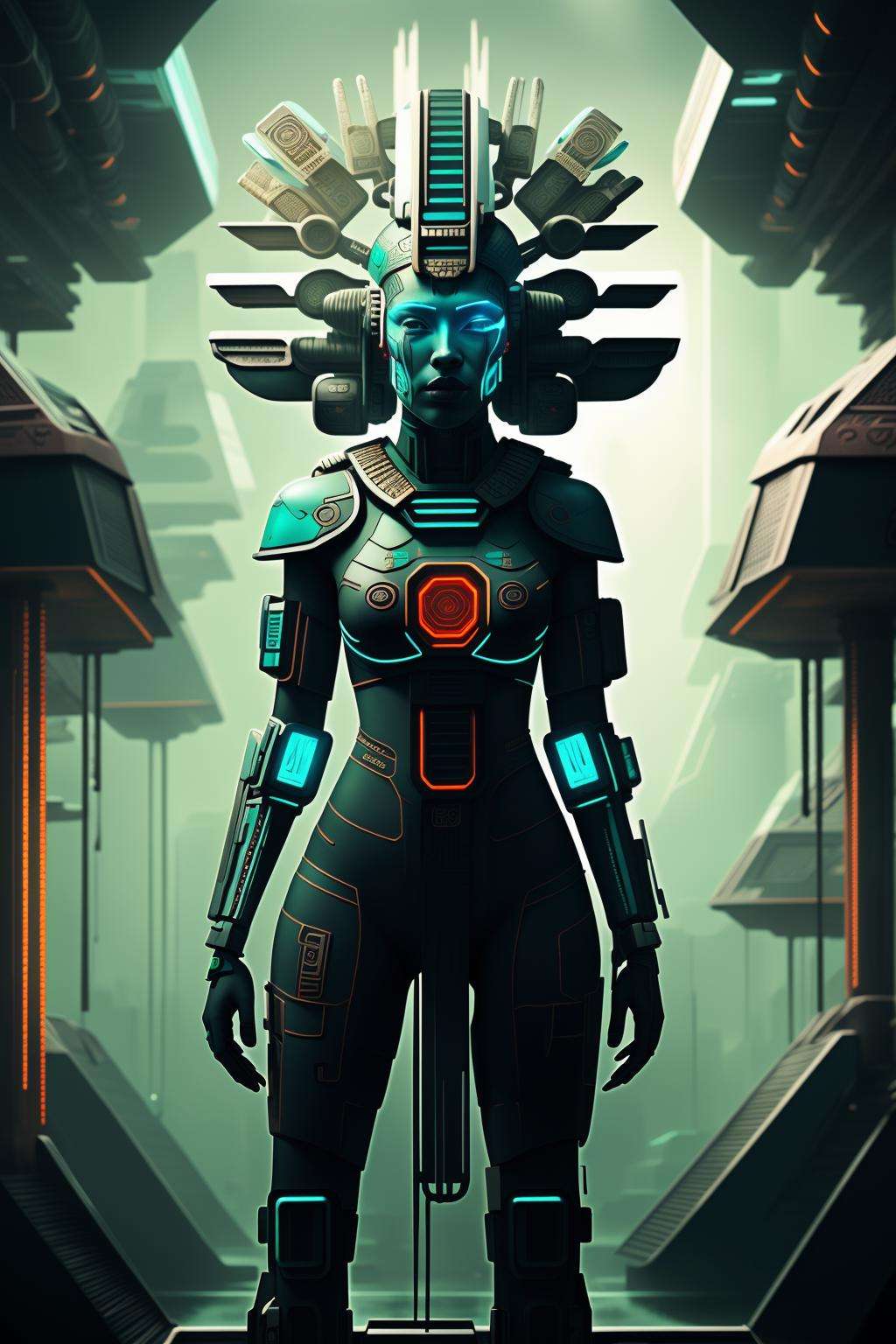 ancient maya -A mysterious sci-fi scene set in a futuristic laboratory, where a group of scientists is studying a strange and otherworldly substance. Intricate scientific equipment, detailed materials, and atmospheric lighting create a sense of realism and immersion, while a sense of wonder and curiosity adds intrigue and suspense., cyberpunk art, afrofuturism , cyber_maya