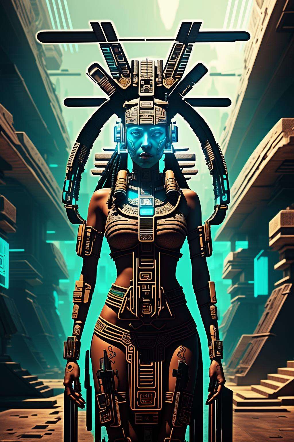 ancient maya , cyberpunk art, afrofuturism , cyber_maya