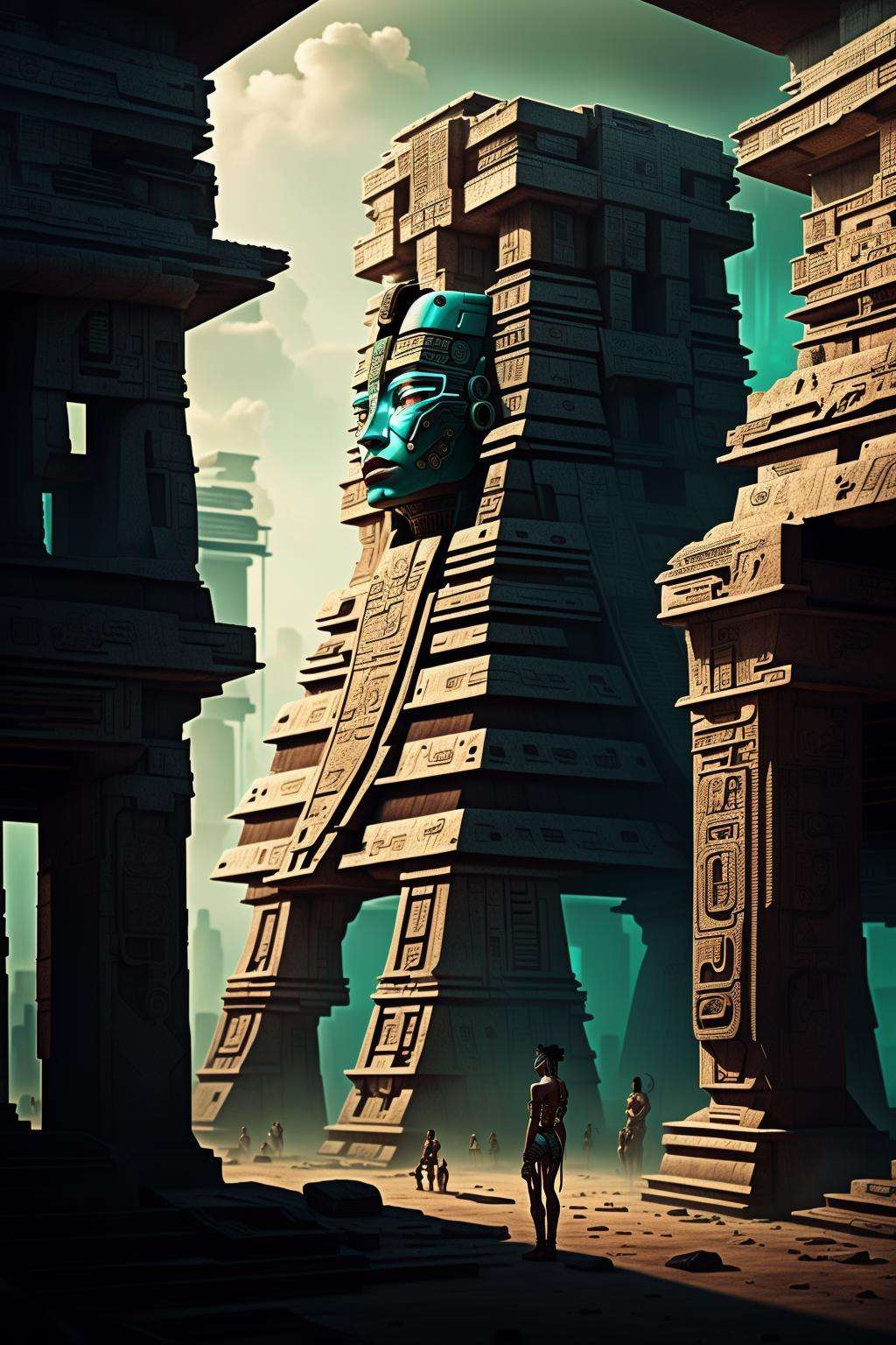 ancient maya -An epic, sweeping scene set against a backdrop of ancient ruins and towering monuments. The scene is shot in high-definition and features hyper-realistic textures and lighting, as well as stunning special effects., cyberpunk art, afrofuturism , cyber_maya