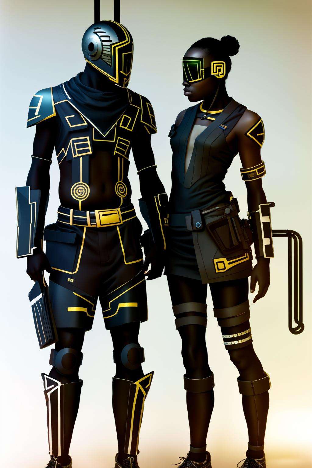 cyber_africa, photo of  two people in costumes, Adam Saks, cyberpunk, concept art, antipodeans