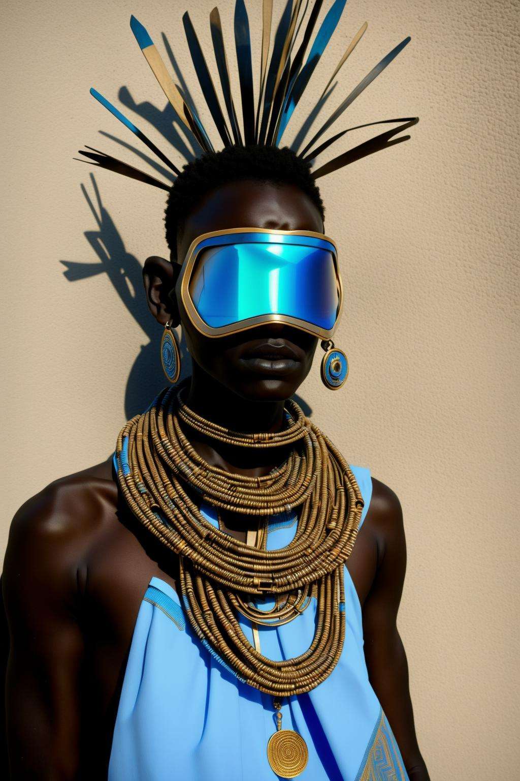 cyber_africa,  a cyber-shaman with a blue head dress and a necklace on his neck and hands on his chest and a blue ring around his neck, Chafik Charobim, award-winning photograph, cyberpunk art, afrofuturism