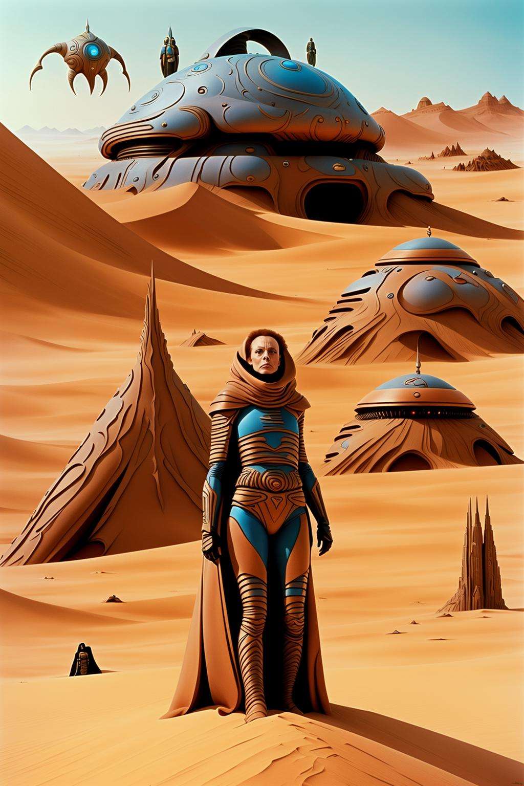 from dune movie, a desert with a lot of strange looking structures , 1boy, outdoors, sky, signature, scenery, science fiction, mountain, sand, retro artstyle, desert , sci fi, a man and a woman in military clothing