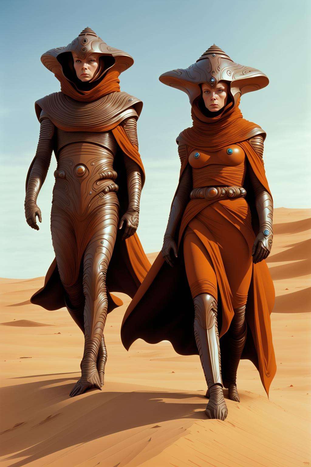 from dune movie, a group of people in costumes walking across a desert , 1girl, looking at viewer, brown hair, gloves, 1boy, hat, standing, boots, outdoors, multiple boys, sky, day, belt, dark skin, 2boys, cape, facial hair, walking, serious, realistic, sand, desert , sci fi, a couple of rocks sitting in the middle of a field