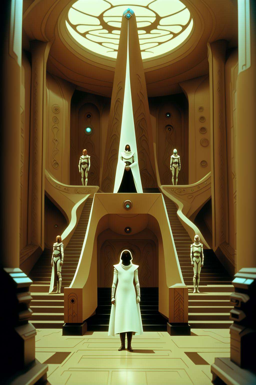 from dune movie, a woman in a white coat standing in a large room , black hair, 1boy, hat, standing, male focus, indoors, from behind, coat, stairs, statue , sci fi, a dark room with a door and a chair