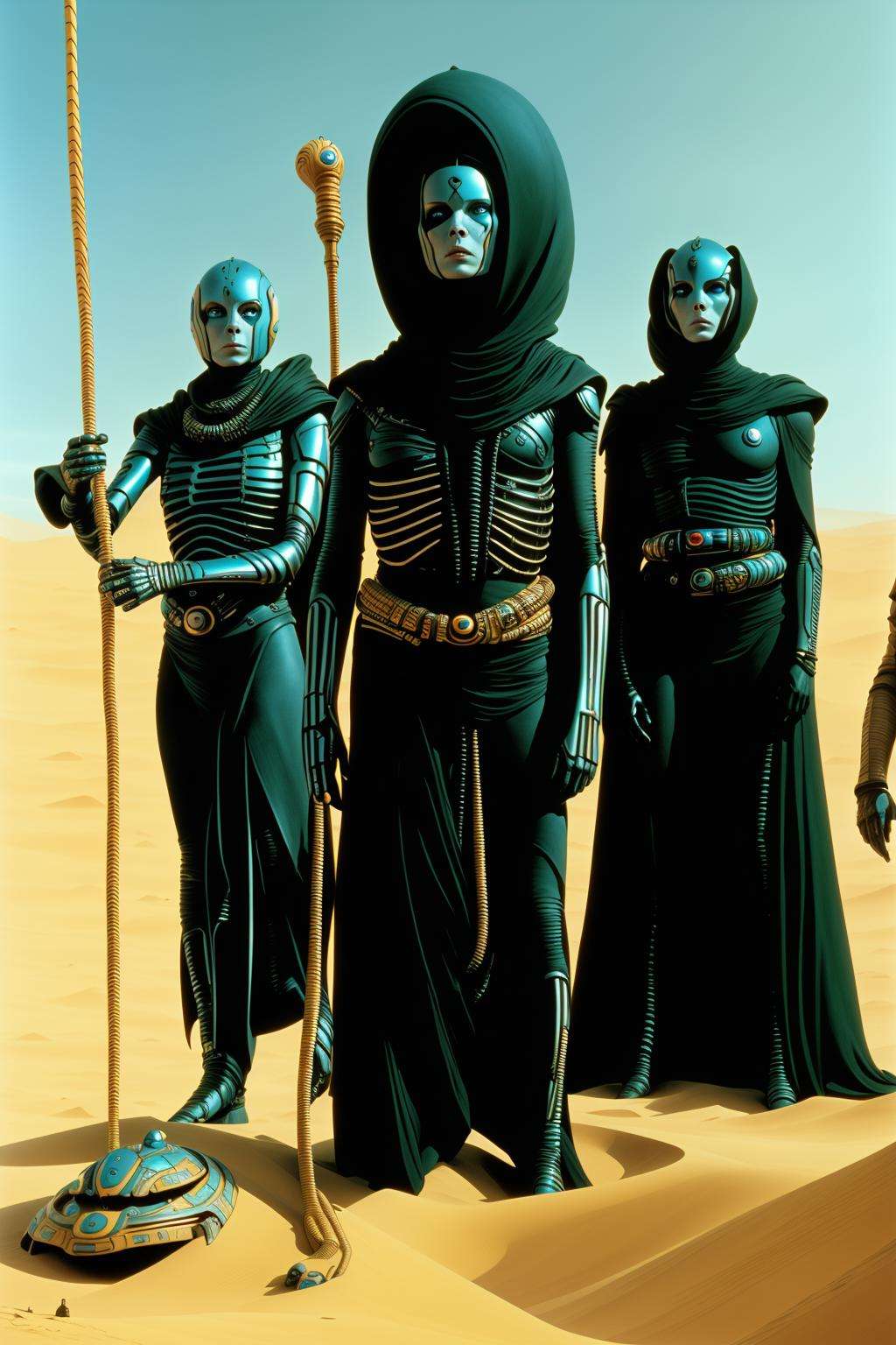 from dune movie, a group of people wearing skeleton masks and holding a rope , multiple boys, no humans, table, skull, skeleton , sci fi