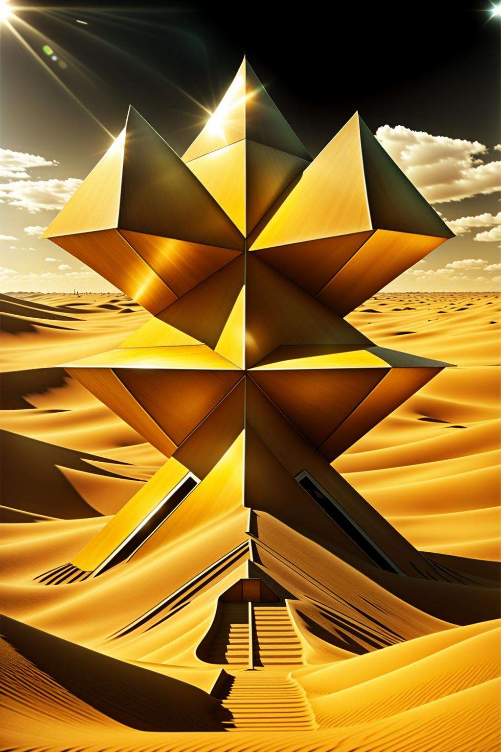 a large sculpture of a star on a desert , outdoors, sky, cloud, no humans, building, star (sky), scenery, stairs, sand, yellow theme, desert, railroad tracks