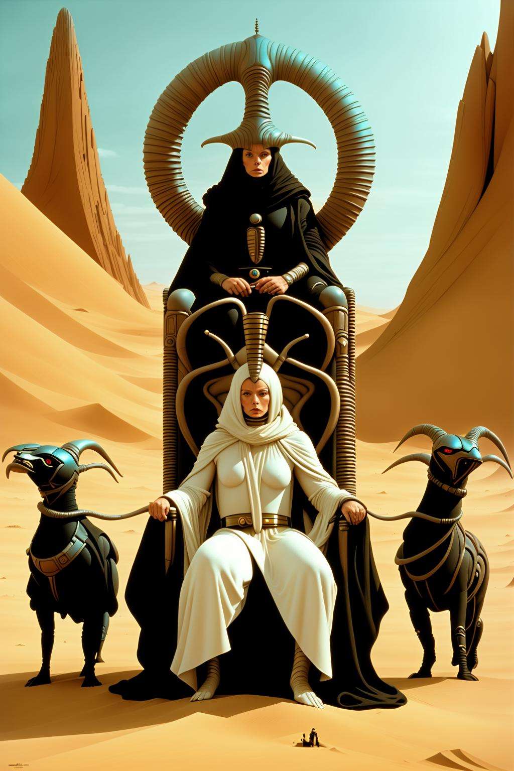 from dune movie, a woman sitting on a chair with three goats , solo, 1boy, hat, sitting, male focus, horns, letterboxed, robe , sci fi, a man in a priest's robes holding a sword