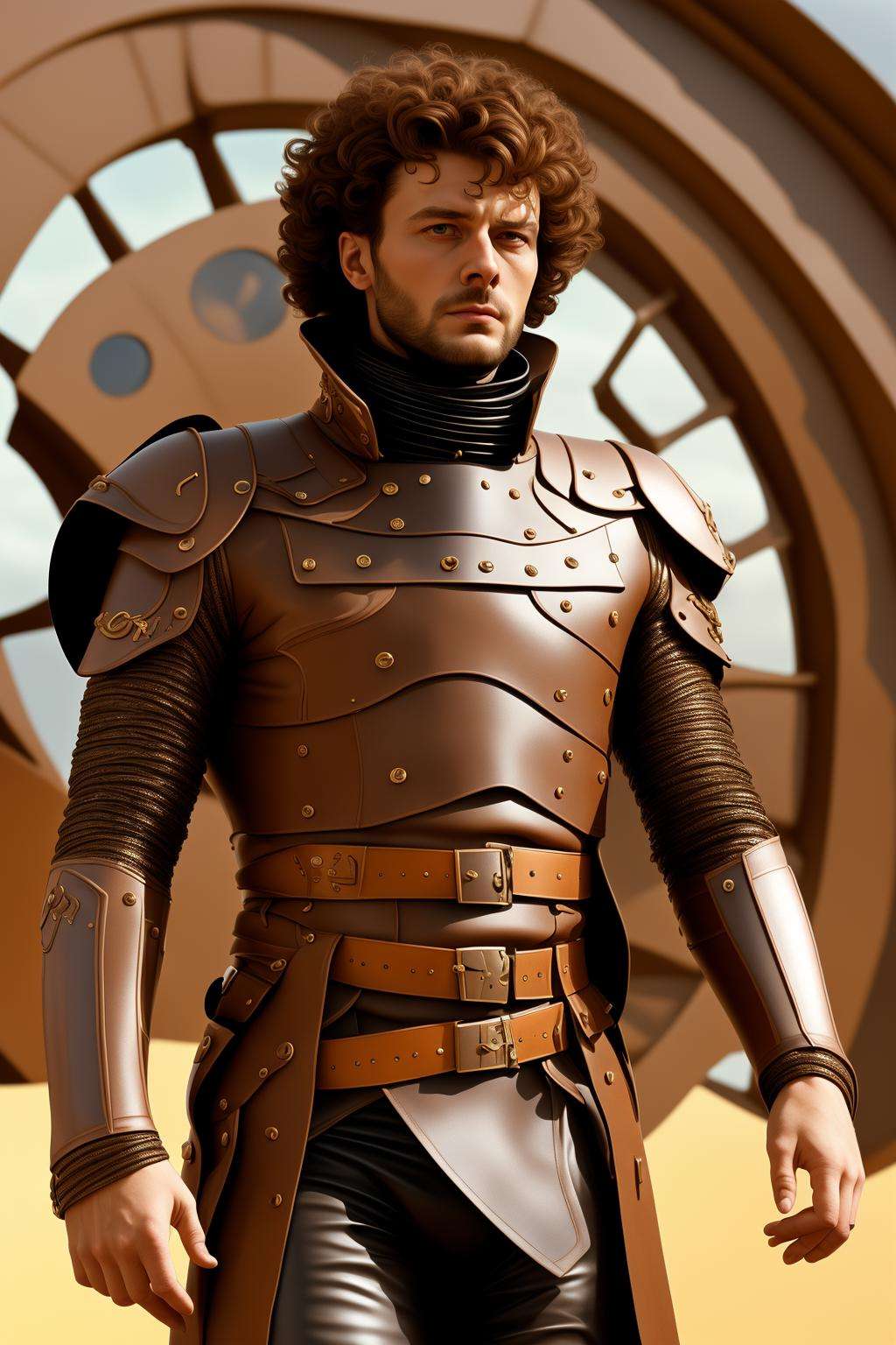 a man in a brown leather armor with a clock on his chest , solo, looking at viewer, brown hair, long sleeves, 1boy, closed mouth, standing, jacket, male focus, belt, armor, blurry, facial hair, beard, science fiction, curly hair, brown jacket, realistic, retro artstyle, brown belt, holster, afro