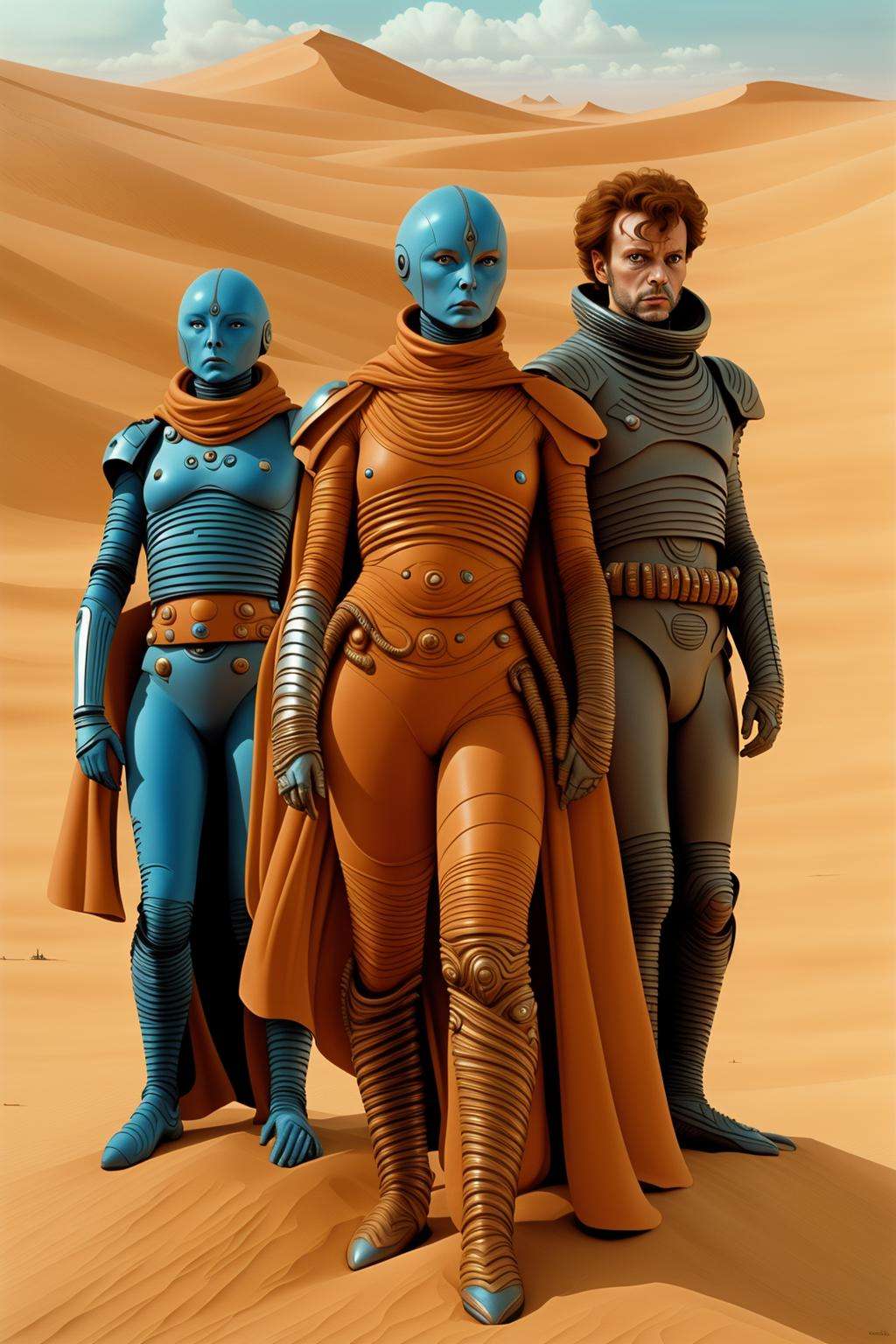 from dune movie, a group of people in costumes standing in a desert , brown hair, male focus, boots, multiple boys, colored skin, parody, science fiction, curly hair, 4boys, realistic, blue skin, retro artstyle, 5boys, bald, alien, spacesuit , sci fi, a row of star wars figures are lined up