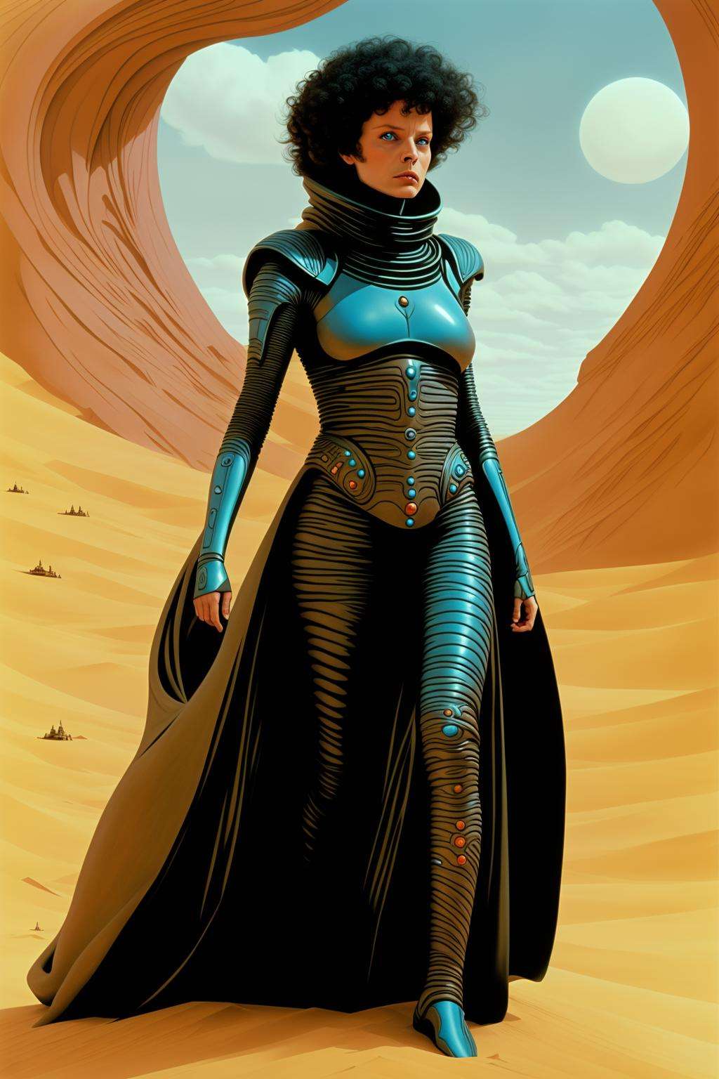 from dune movie, a woman in a costume with a helmet on , 1girl, solo, looking at viewer, black hair, long sleeves, closed mouth, upper body, science fiction, curly hair , sci fi