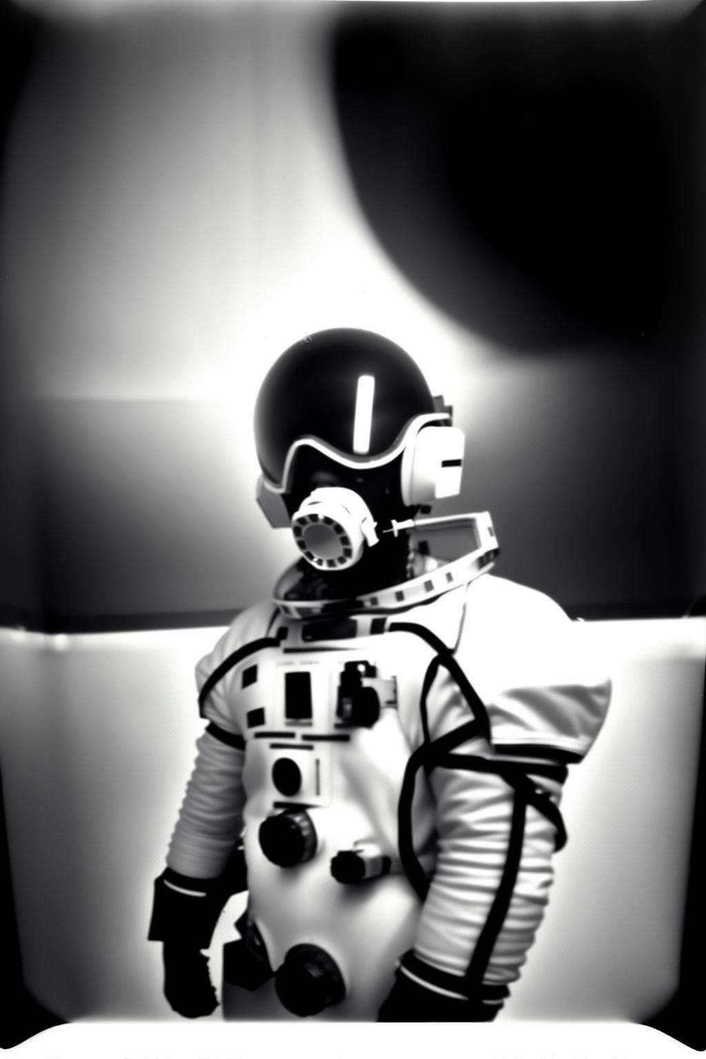 black and white photo , (( pinhole photography, )) ,   a man in a space suit with a helmet and a gas mask