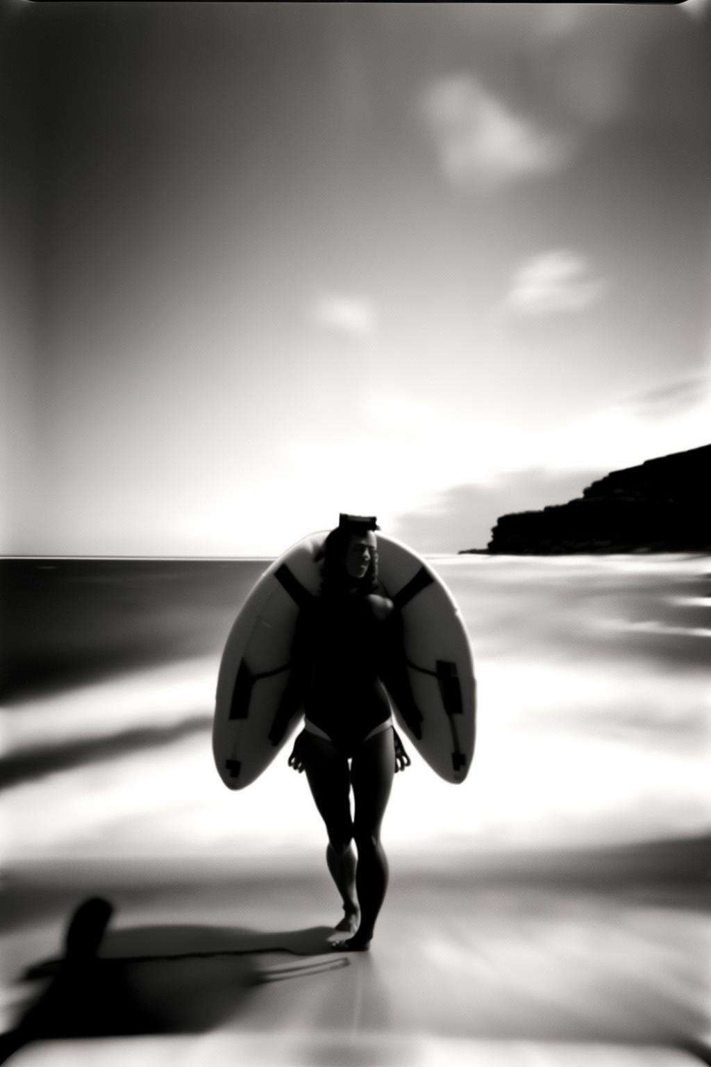 black and white photo , (( pinhole photography, )) ,   a woman with red hair is on a surfboard