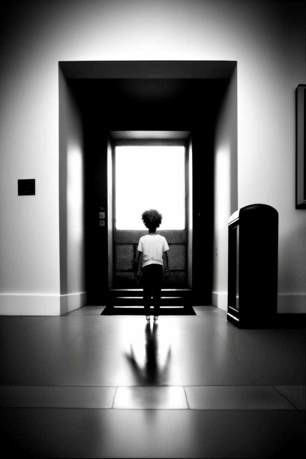 pinhole , a person walking up a flight of stairs , solo, 1boy, standing, door, horror (theme), surreal