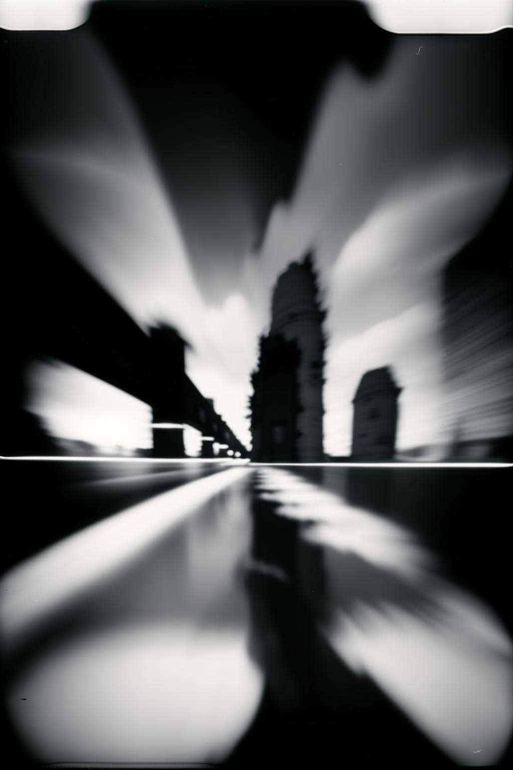 black and white photo , (( pinhole photography, )) ,   a city street with a bunch of tall buildings