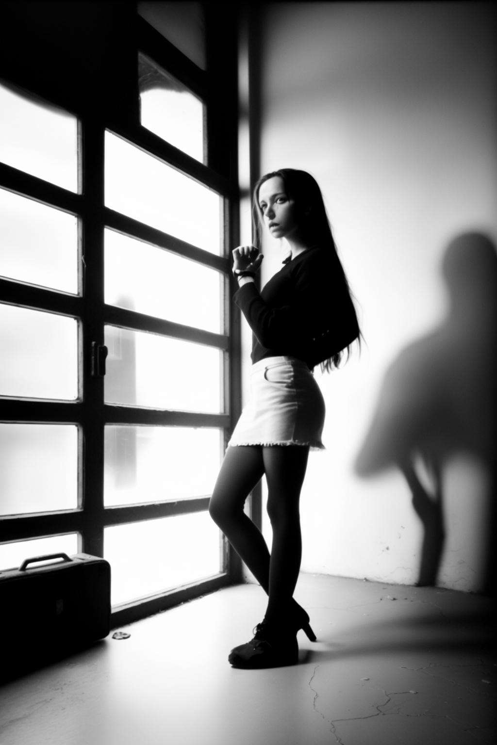 pinhole , a young girl is holding a suitcase in a dark room , 1girl, solo, black hair, long sleeves, upper body, indoors, black eyes, shadow, chair, realistic