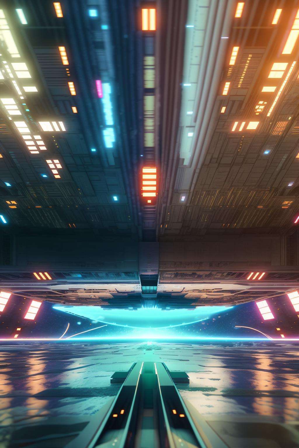 (  cyberspace_background ),  a large space ship is docked in a harbor