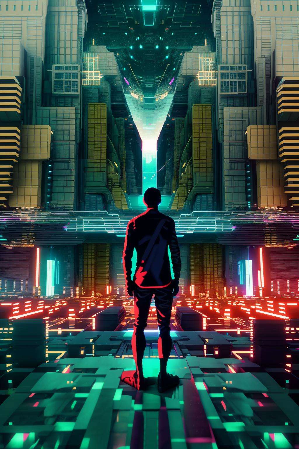 (  cyberspace_background ),  a man standing on a ledge in a city