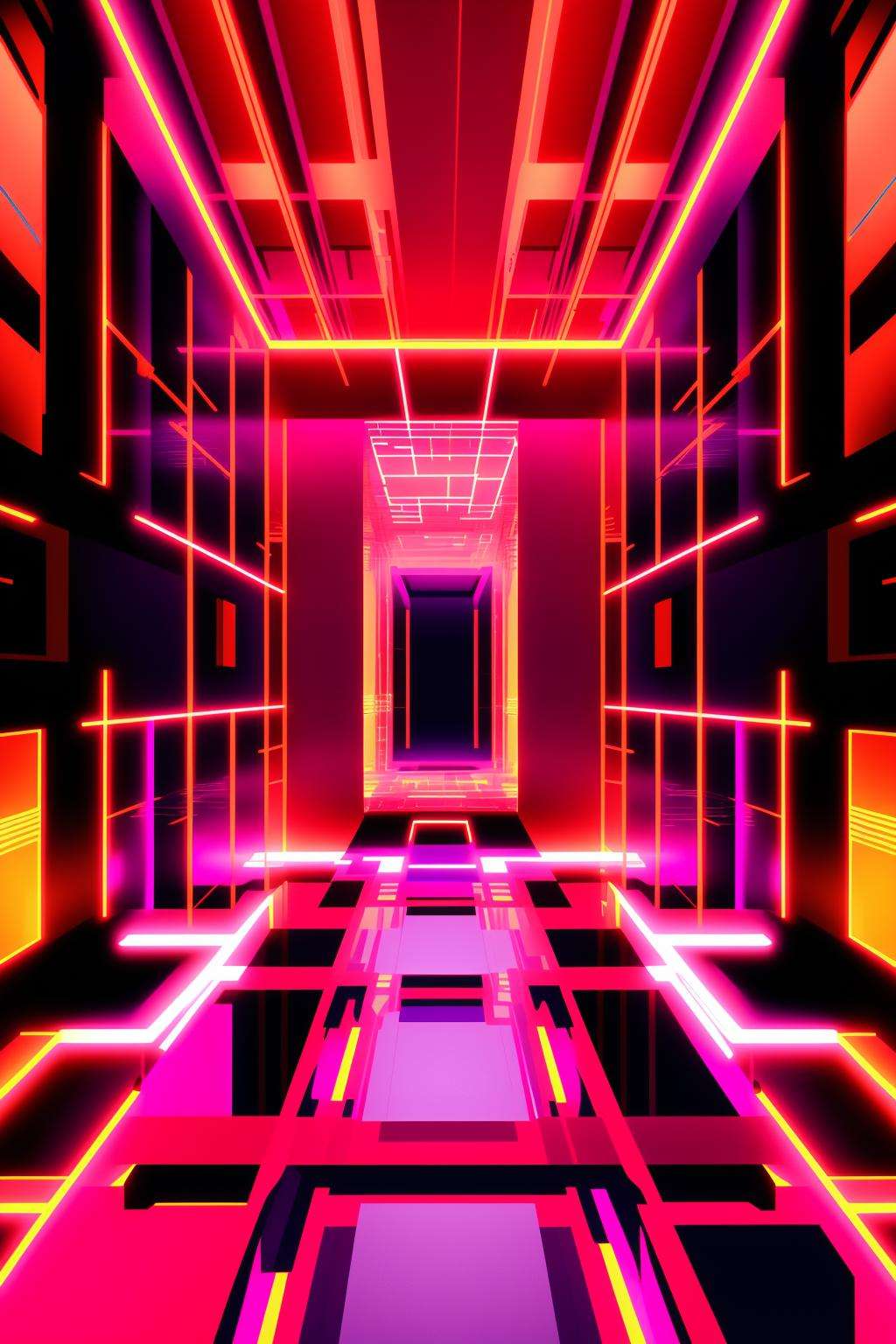 a futuristic looking room with red and black lights , no humans, building, scenery, stairs, city, road  , cyberspace_background