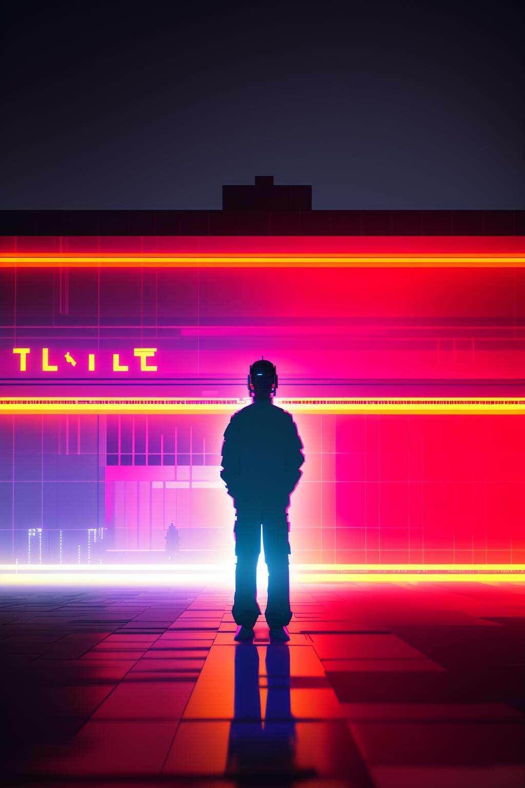 a man standing in front of a neon lit building , solo, 1boy, standing, male focus, from behind, english text, night, walking, silhouette  , cyberspace_background