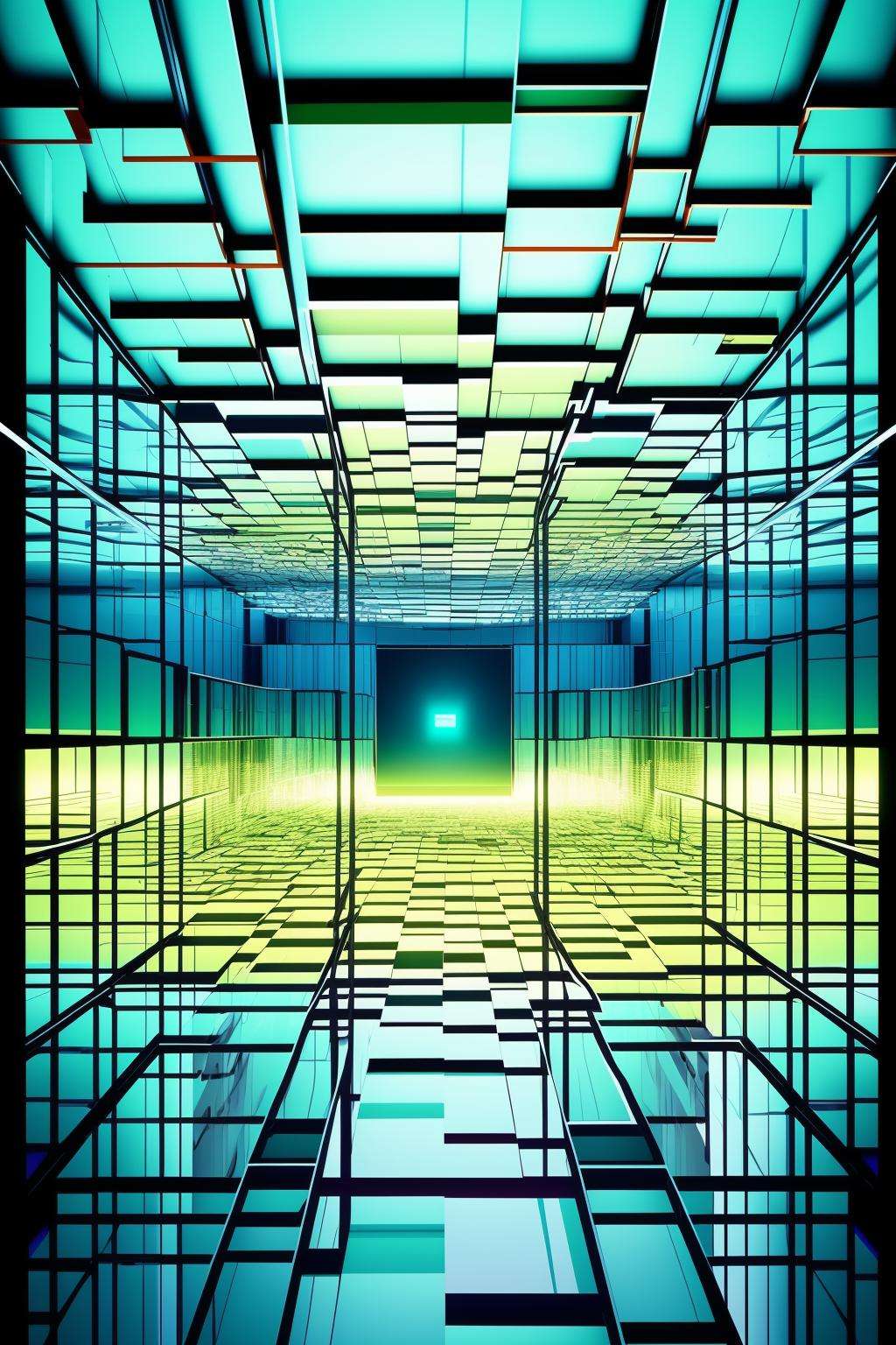 a room with a lot of glass cubes , indoors, no humans, window, traditional media, scenery  , cyberspace_background