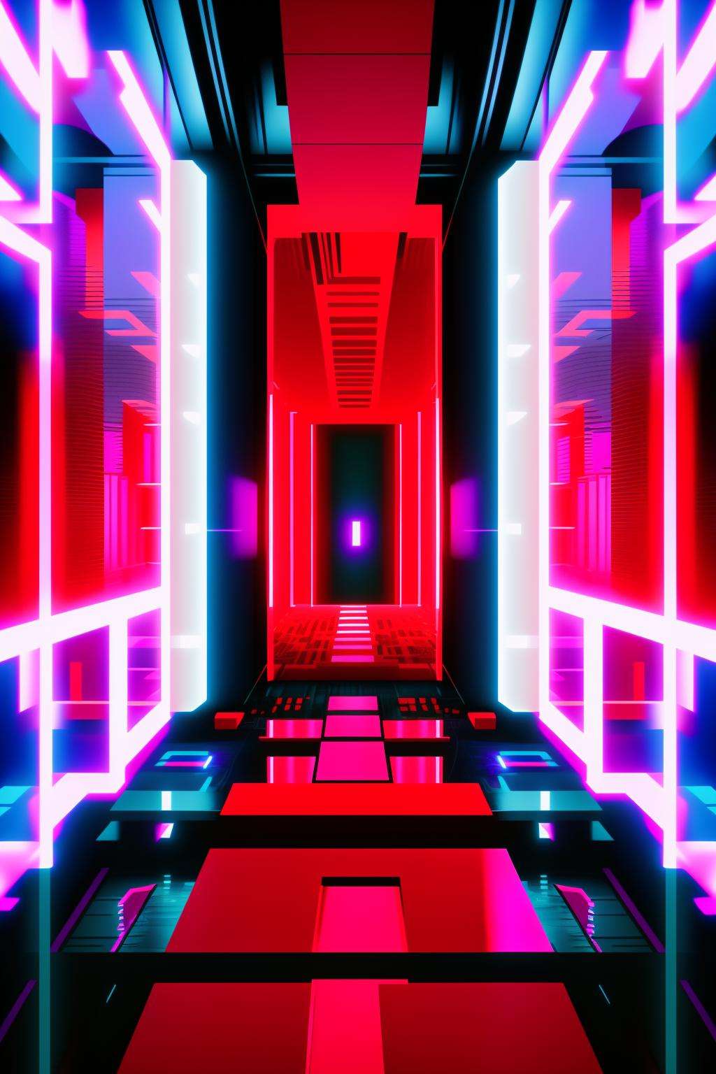 a futuristic looking room with red and black lights , no humans, building, scenery, stairs, city, road  , cyberspace_background