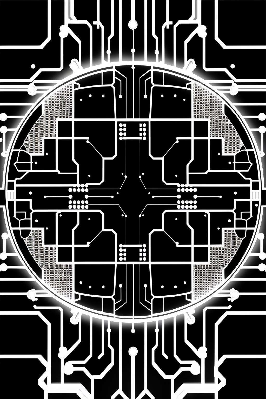 a computer circuit board with many circles and dots , white background, monochrome, comic, greyscale, gradient, no humans, lineart, dotted line  , cyberspace_background