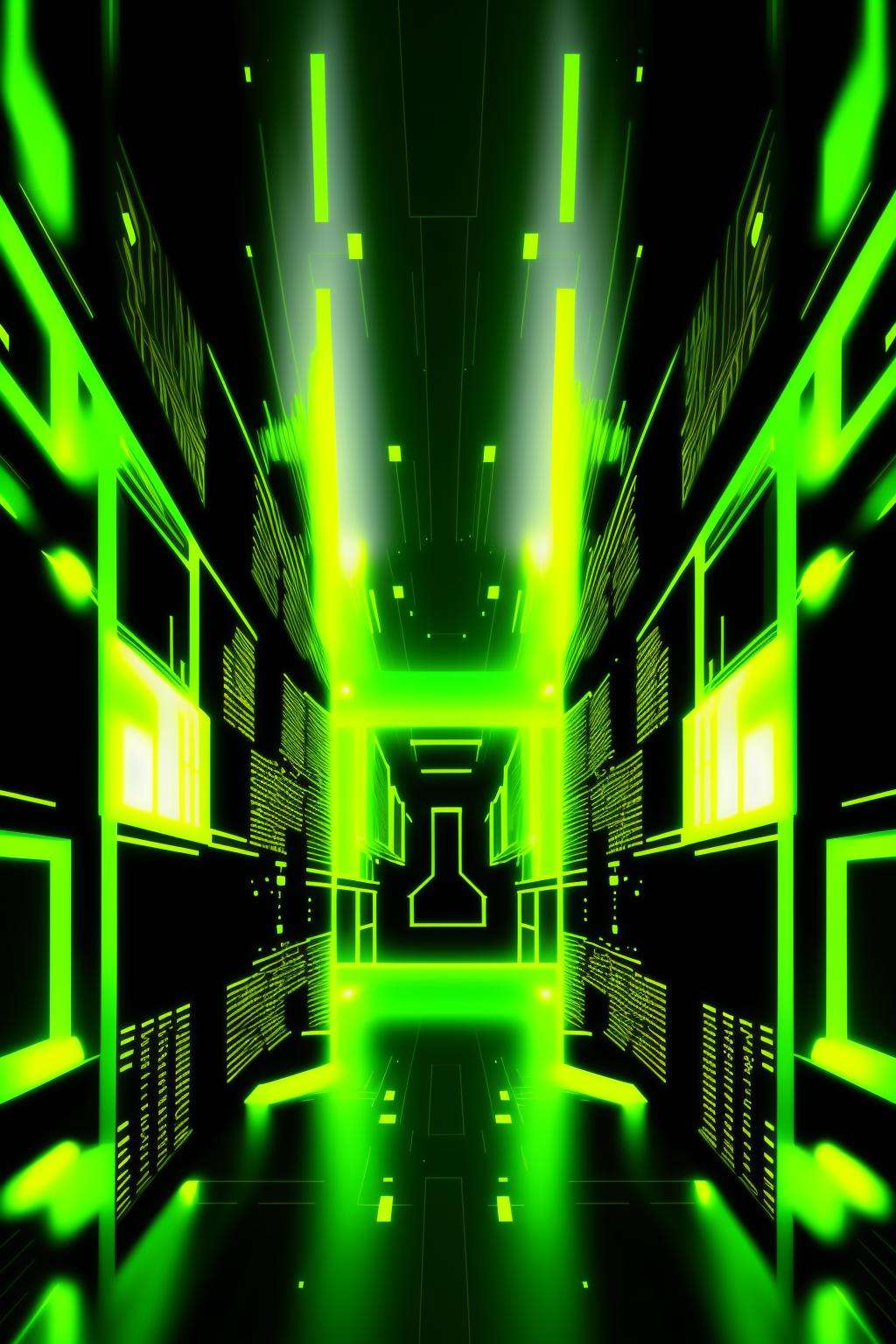 a green and black background with a large number of lights , solo, looking at viewer, monochrome, no humans, glowing, green background, green theme  , cyberspace_background