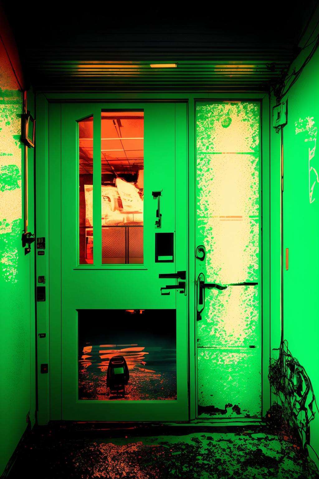 a boat is on fire in the water , a building with a neon green door and a window