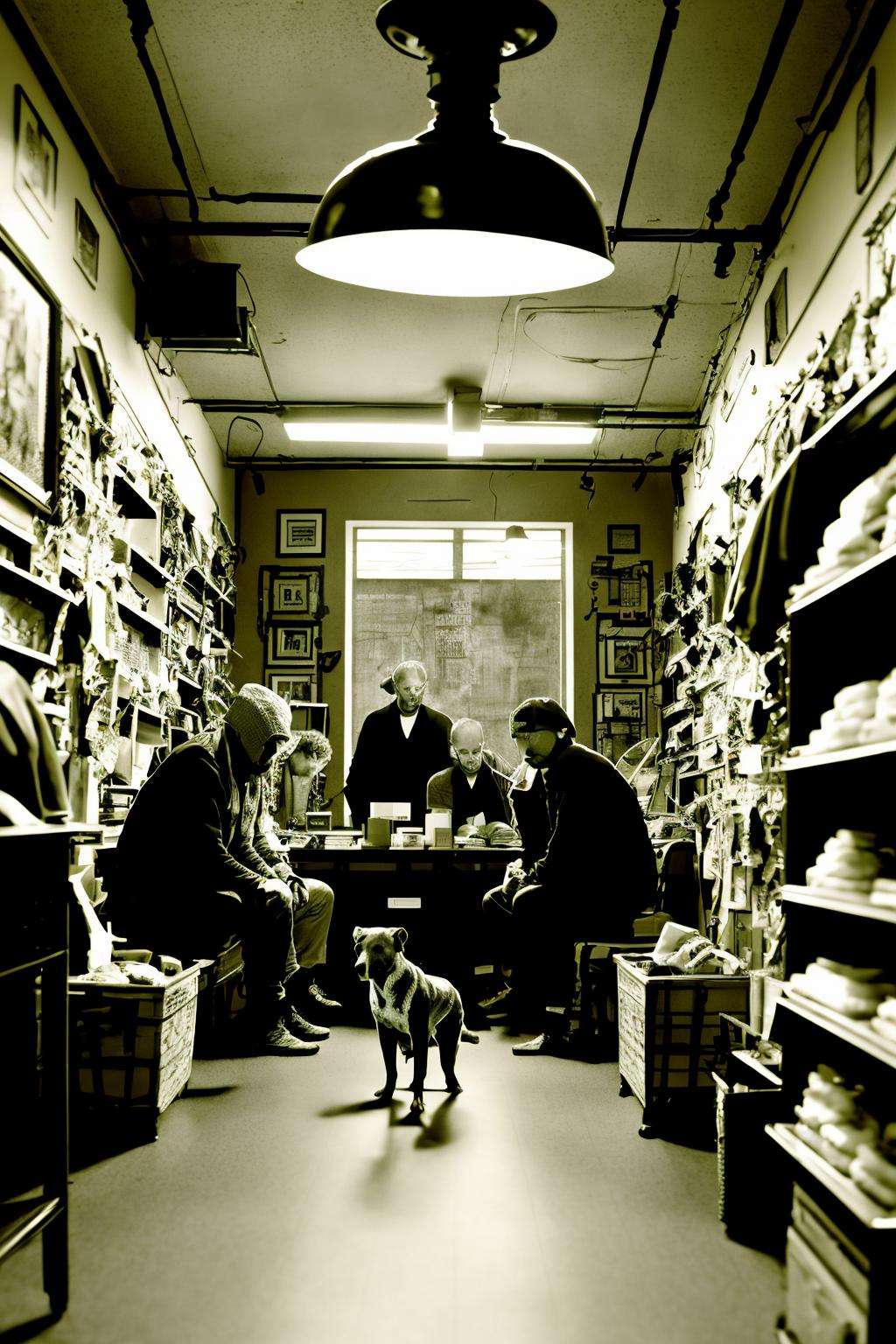 a group of people sitting around a table in a room , a man walking a dog in front of a store