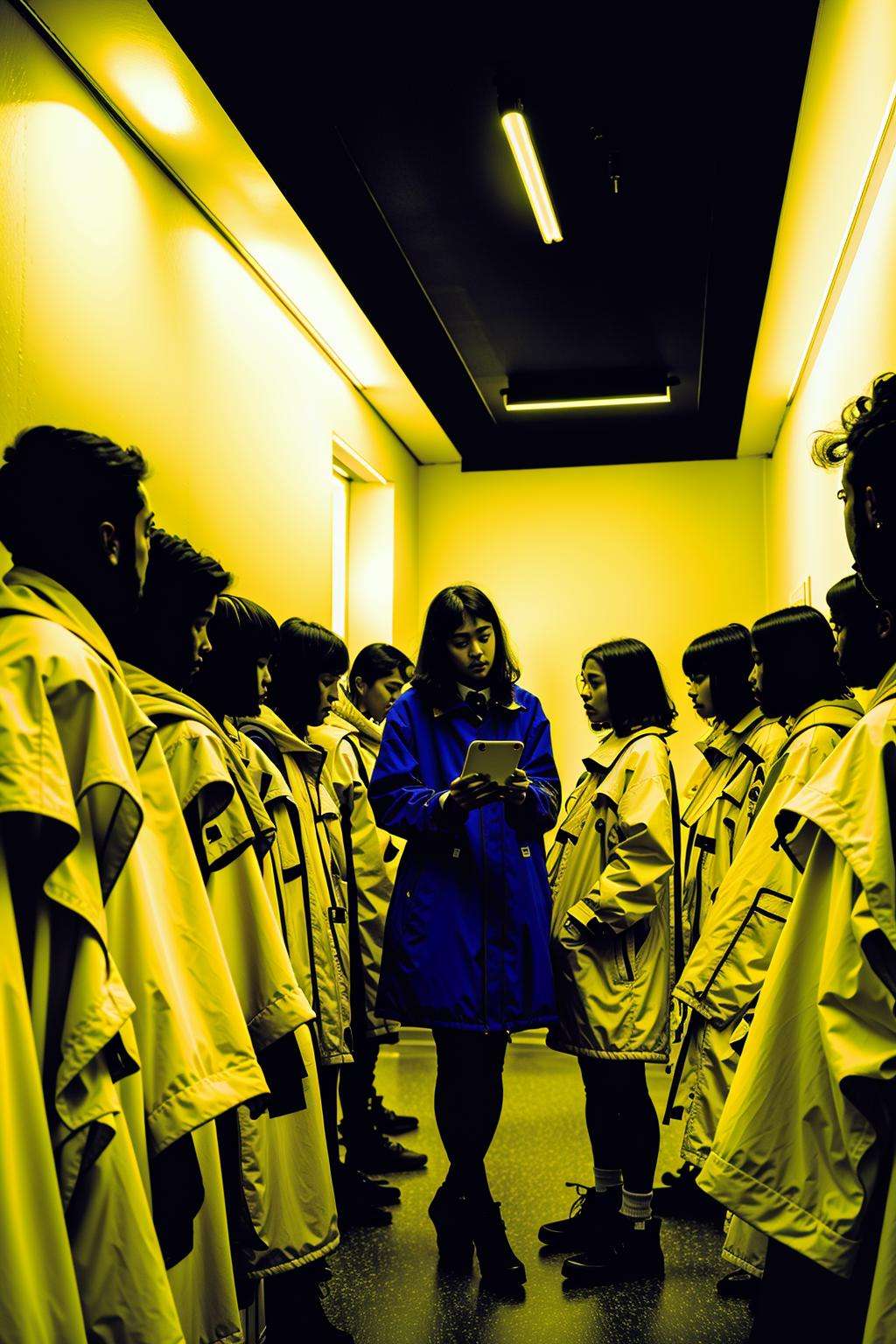 a man in a yellow raincoat standing in a group of birds , a woman talking on a phone in a room