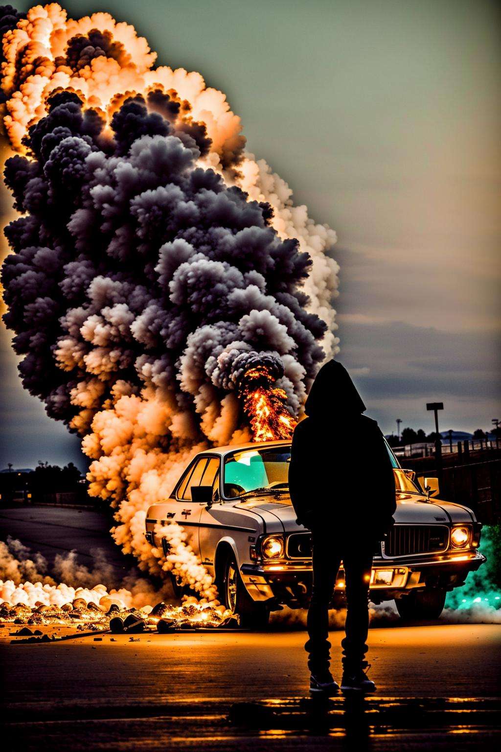 a man standing in front of a fire with a car in the background