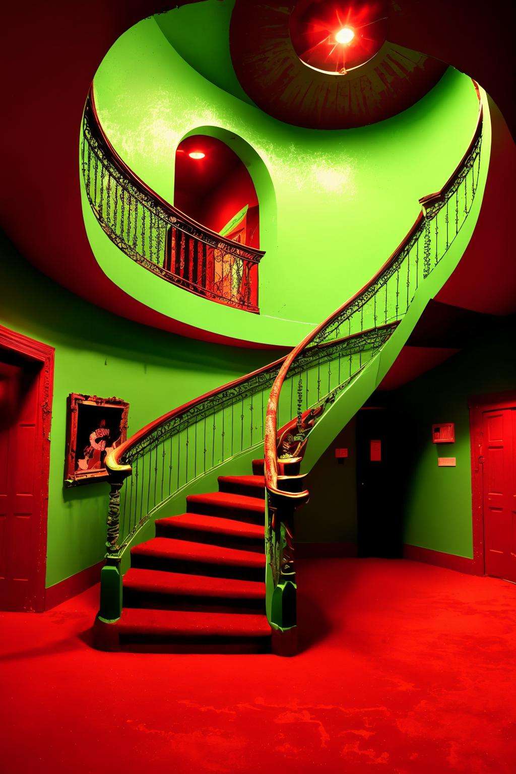 a spiral staircase in a green room with a red carpet , a red light shines on a house in the country