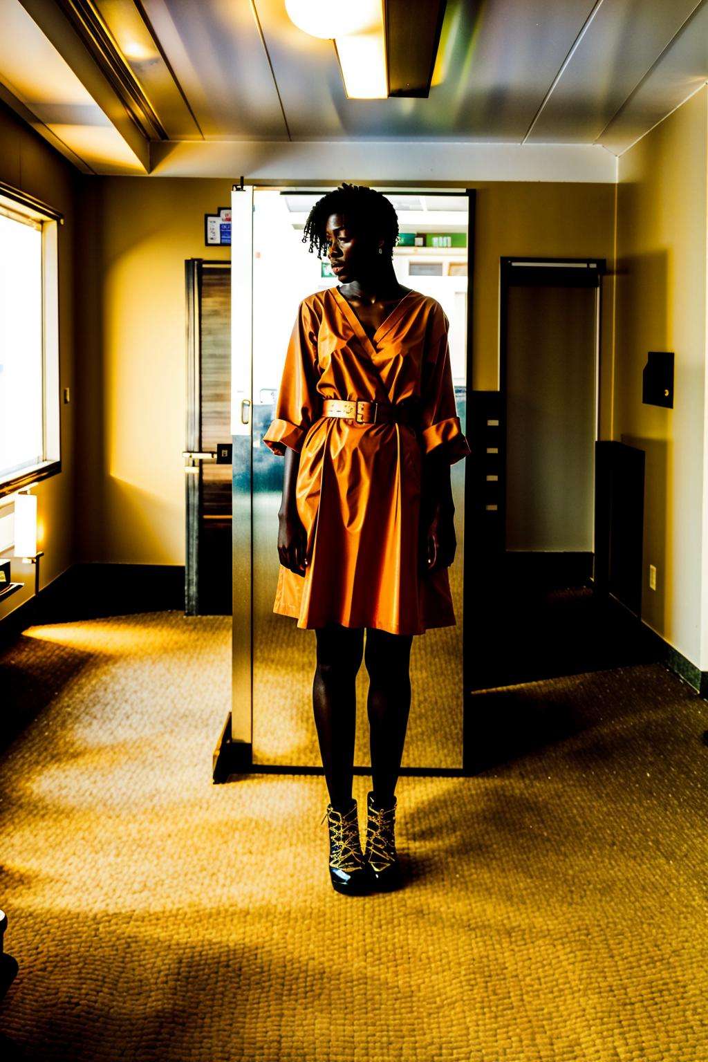 a woman in an orange dress is standing in a room