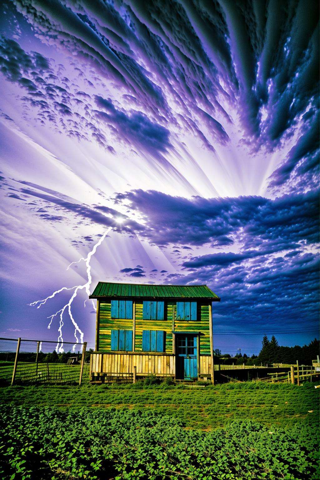 a building with a blue door and a lightning bolt in the background , outdoors, sky, cloud, no humans, window, night, night sky, scenery, fence, lightning
