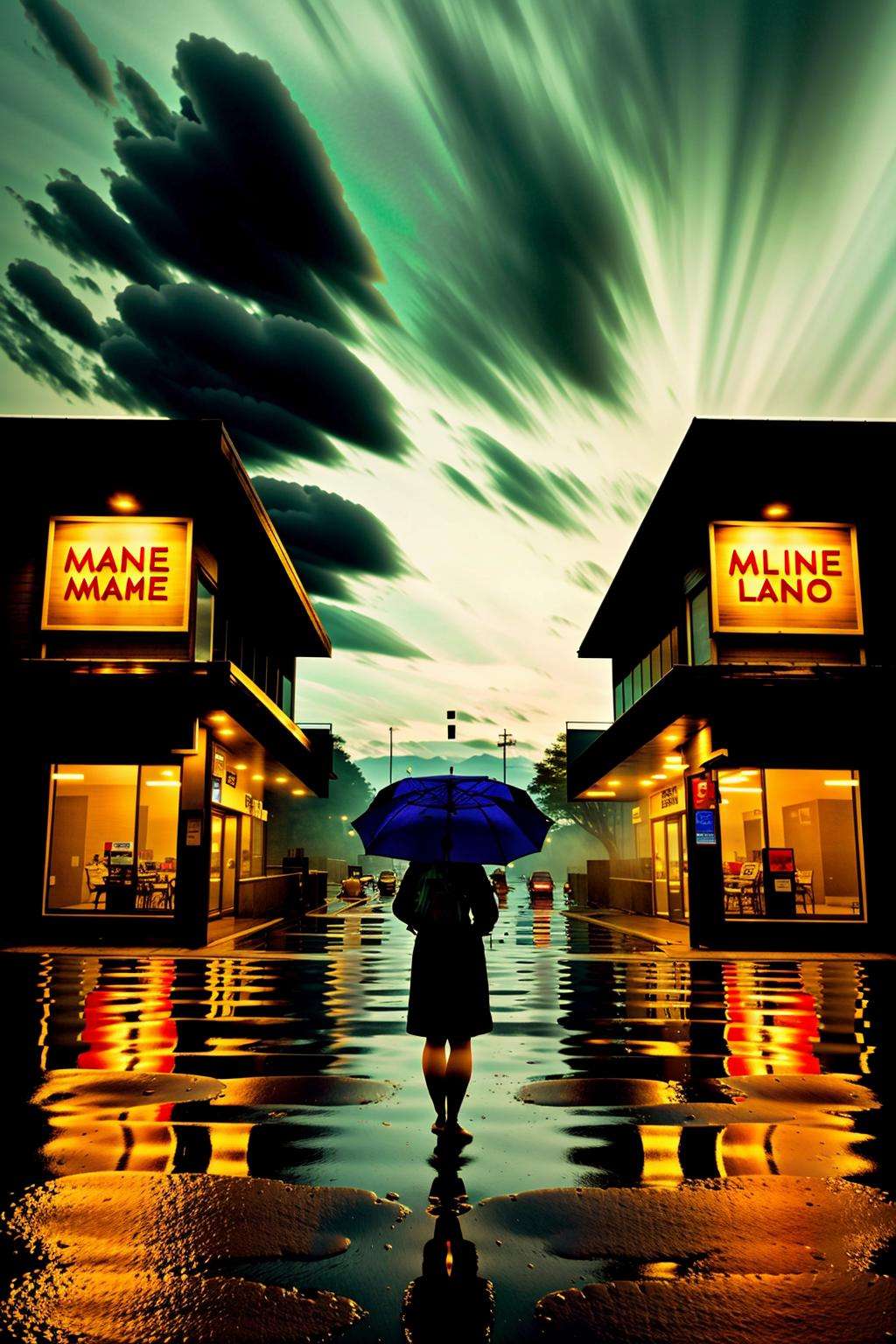 a person walking in the rain with an umbrella , 1girl, solo, holding, standing, outdoors, sky, night, umbrella, scenery, reflection, rain, holding umbrella, sign, road, lamppost, black umbrella