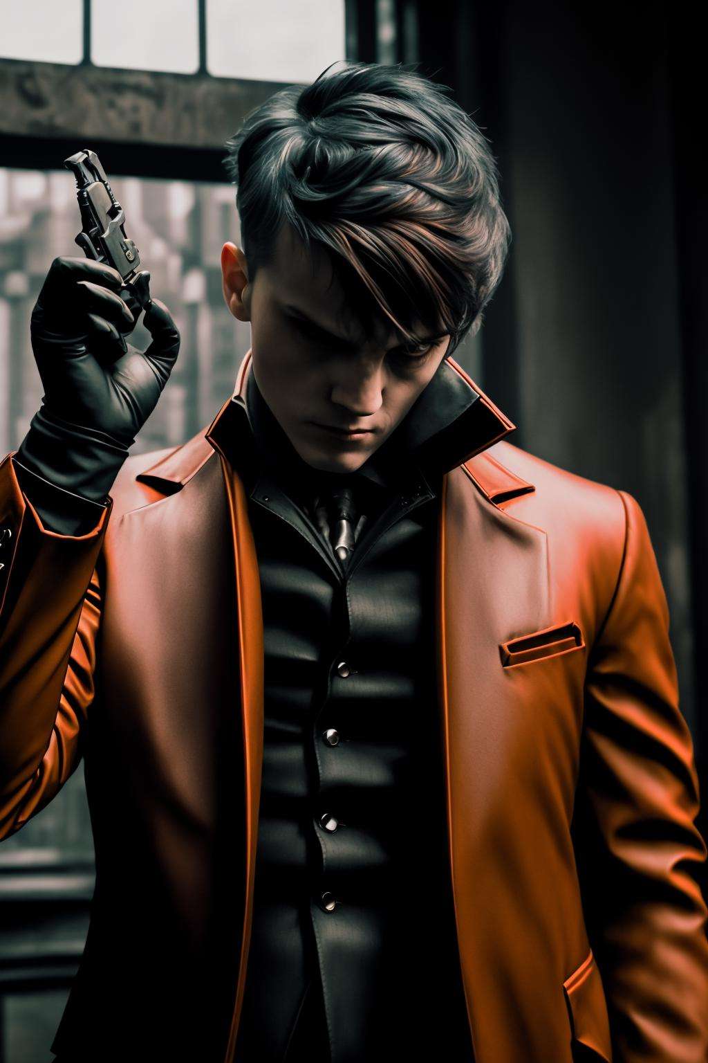 a man in a red jacket holding a gun , solo, short hair, brown hair, gloves, long sleeves, 1boy, holding, jacket, upper body, weapon, male focus, black gloves, from behind, holding weapon, blurry, gun, window, holding gun, red jacket, handgun, manly, revolver, aiming