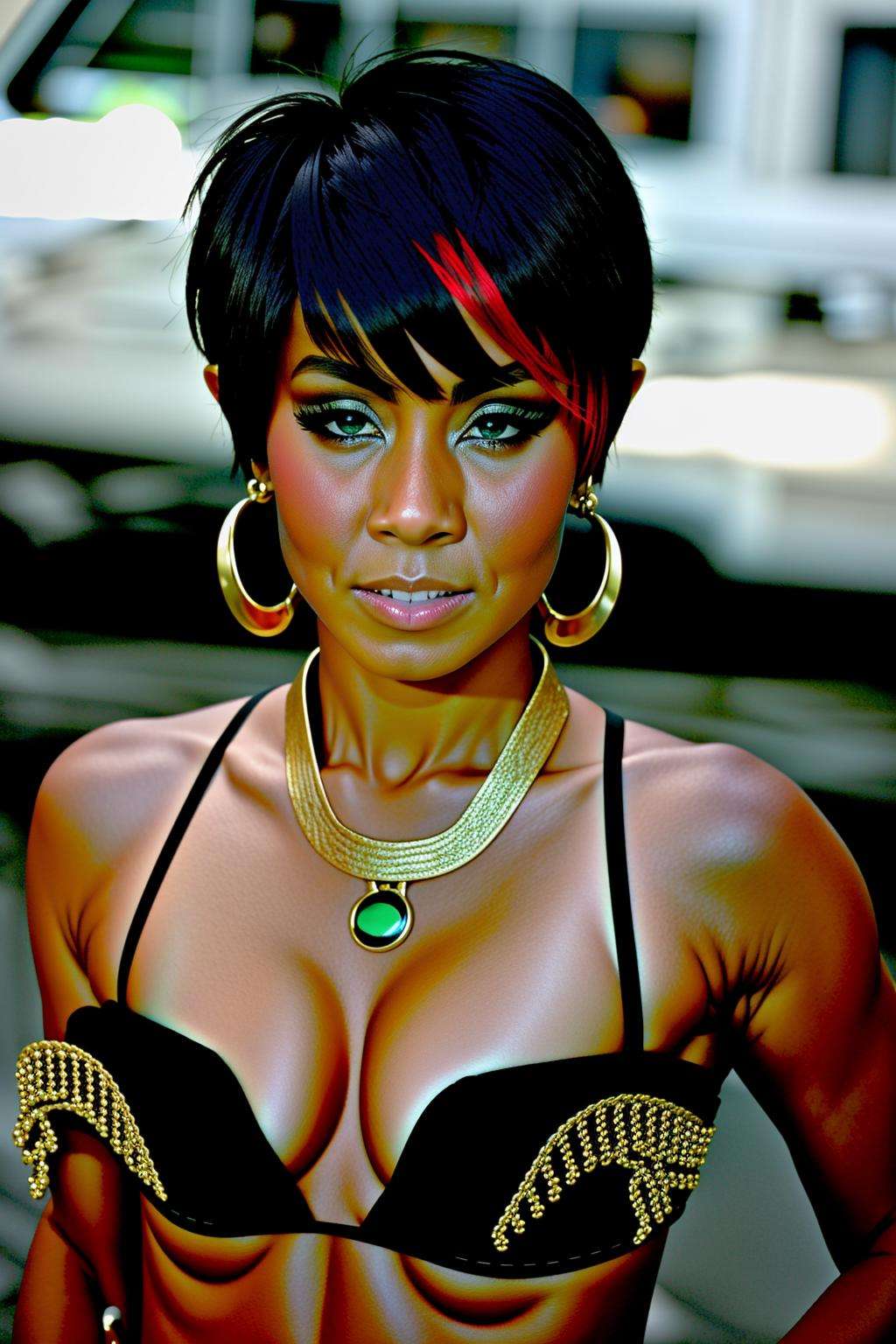 a woman with a black and red hair and a feathered top , 1girl, solo, short hair, black hair, brown eyes, jewelry, upper body, red hair, multicolored hair, earrings, blurry, lips, feathers