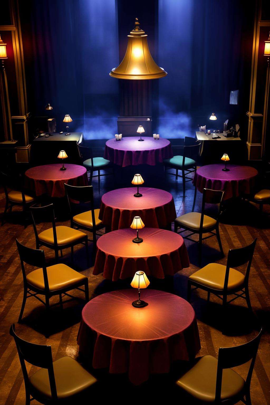 a dimly lit room with a table and chairs , indoors, no humans, night, umbrella, table, scenery, light, lamp, dark