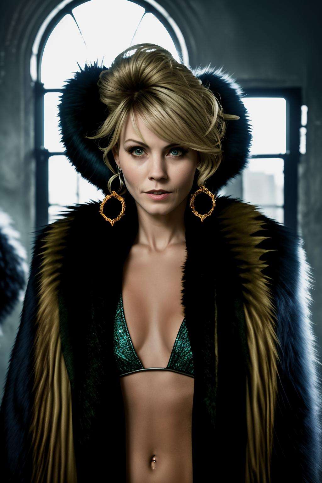 a woman in a fur coat standing in a room , 1girl, solo, looking at viewer, blue eyes, blonde hair, brown hair, jewelry, upper body, earrings, lips, realistic