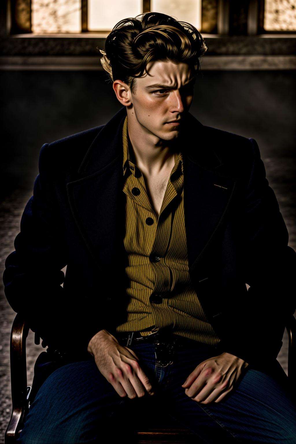 a man sitting on a chair in a dark room , solo, looking at viewer, shirt, 1boy, sitting, closed mouth, jacket, male focus, pants, indoors, black jacket, blood, realistic, glass, photo background