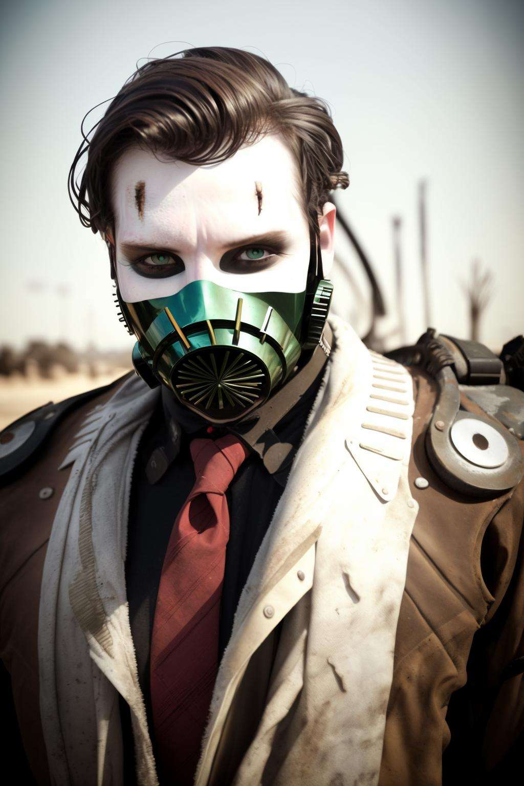 a man in a suit and tie poses for a picture , post-apocalypic_fashion